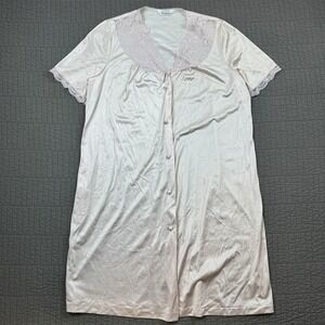 Vintage Vanity Fair Nightgown Women Large Pink Nylon Lace Button Front